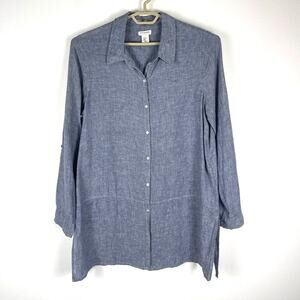 Artisan NY Blue Linen Long Sleeve Button Tunic Shirt Women's XL Lagenlook Boho